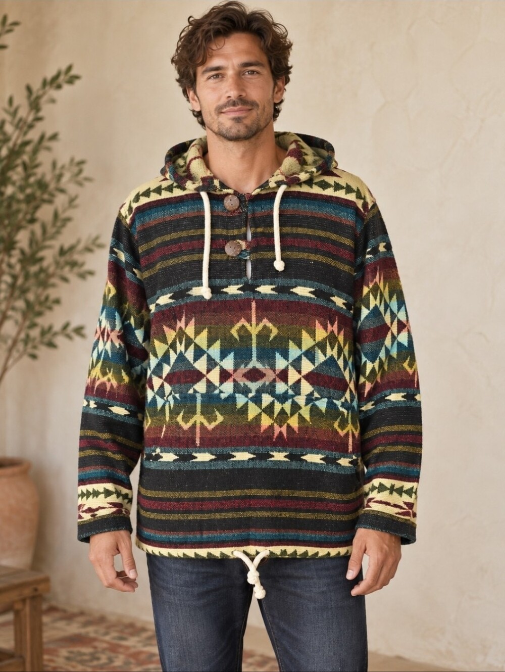 Woven Geometric Baja Hoodie Medium Boho Pullover Made in Ecuador